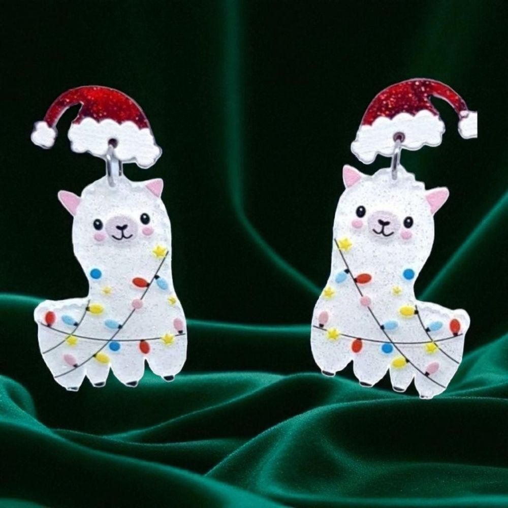 Holiday Earrings 🎄Alpaca Llama 🦙 Christmas Glitter Acrylic Dangle Drop Jewelry